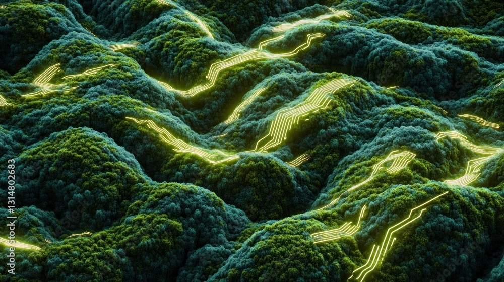 Poster a green moss texture with neon-lit circuit lines running across it creates a balance of nature and t