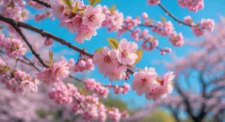 Obraz premium Selective focus on lovely branches of pink Cherry blossoms on the tree against a blue sky, Beautiful flowers in the spring season within the park, Flora pattern texture, Nature floral backdrop.