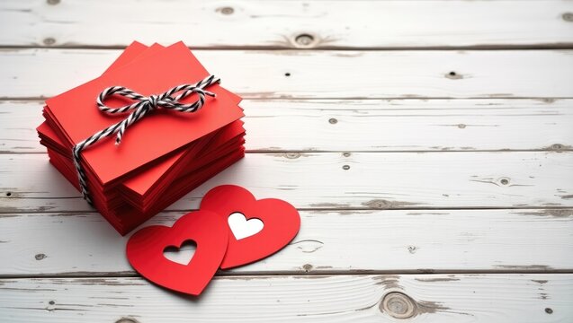 Red note cards secured with string alongside wooden hearts on a rustic white antique wooden surface; love concept.