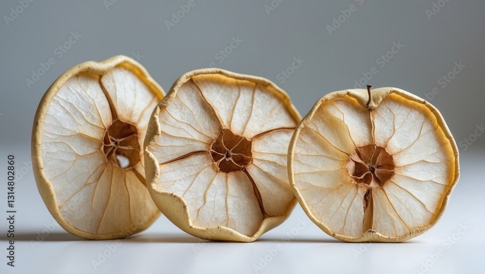 Poster sliced dry apples of various types from a collection of dried fruits.