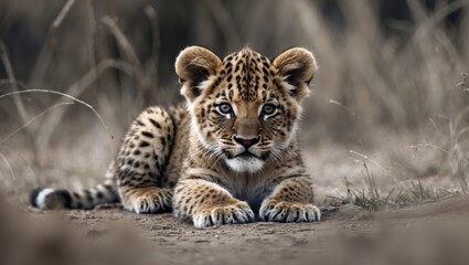 Obraz premium Lion cub is a member of the big cats in the genus Panthera and belongs to the family Felidae. Some males can weigh over 250 kg (550 lb), making it the second-largest living cat after the tiger.