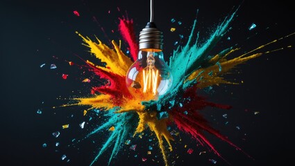 Light bulb bursting with colorful powder against a black background, representing creativity concept.