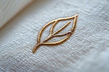 Golden leaf embroidery on white linen fabric, close-up macro shot showing detailed needlework and textured stitching pattern. Elegant minimalist design.