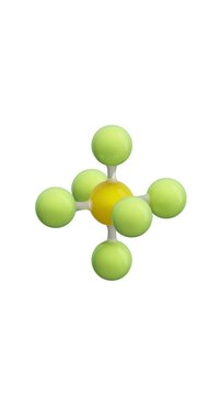 Molecule: Sulfur Hexafluoride. Chemical Structure Model: Ball and stick. Molecular Formula: SF6. Isolated on a white background. Seamless looping Vertical video. 3D render.