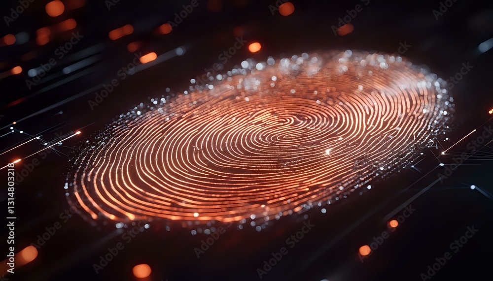 Poster digital fingerprint scan with glowing orange light effects and particle elements on dark background,