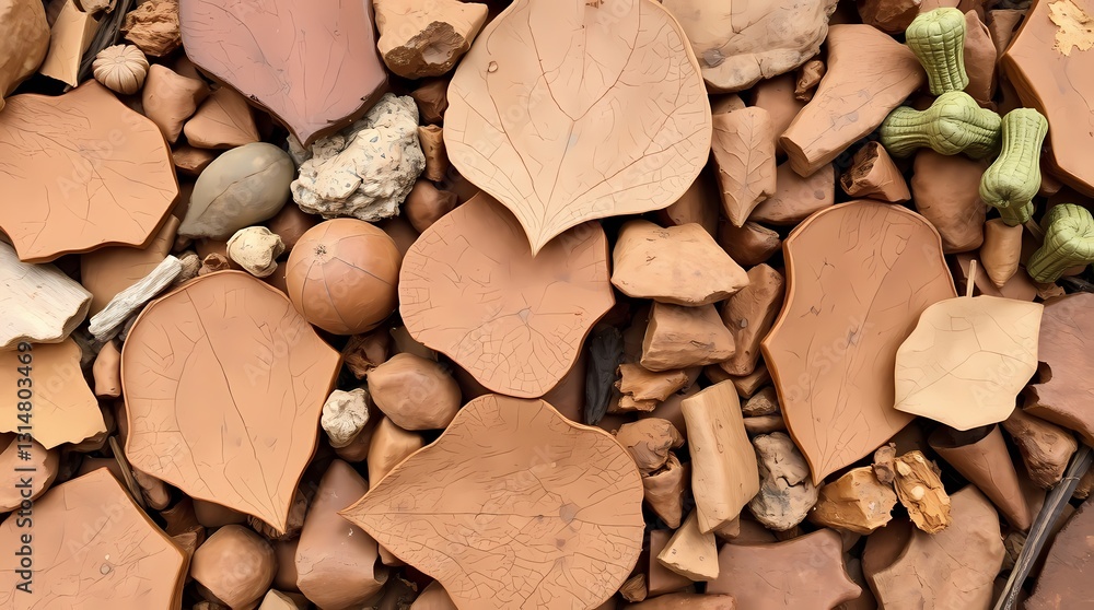 Aufkleber fragmented ground: close-up view of various broken terra-cotta pieces and scattered leaves create an