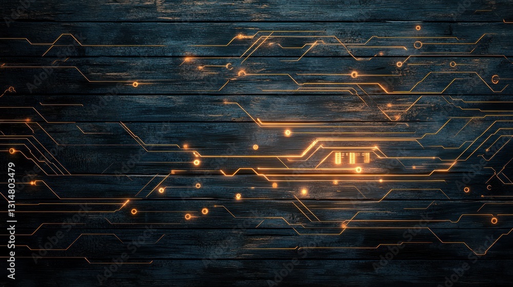 Poster weathered wooden boards with glowing sci-fi circuit lines create a blend of organic and digital desi