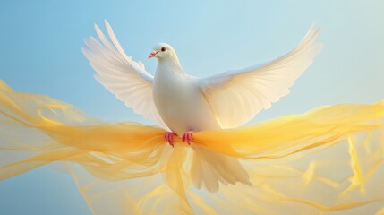 Symbol of peace and freedom. White dove with open wings flying against a clear blue sky, with yellow fabric gently flowing in the wind. Concept of hope, independence, and no war.