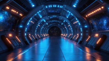 Futuristic spaceship tunnel, cosmic background, technological design, interior