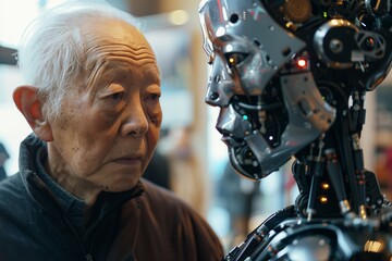 Fototapeta premium A thoughtful old man gazes at an advanced humanoid robot, exploring the bond between humanity and technology.