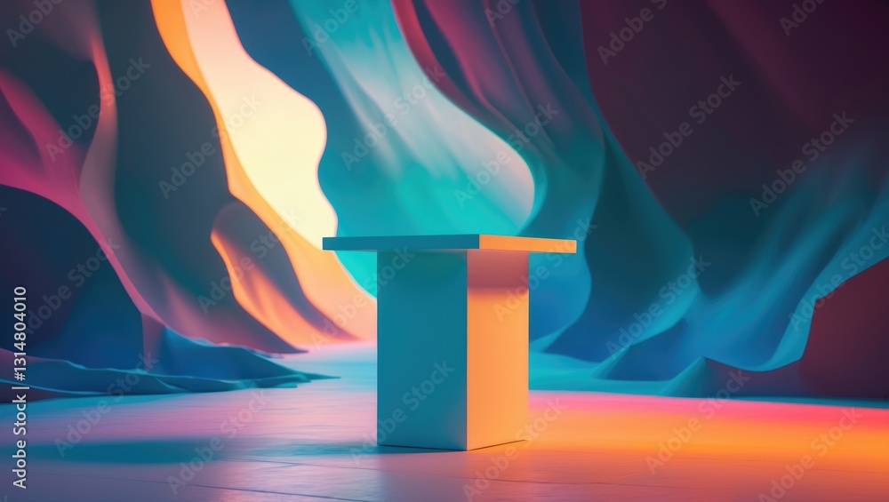 Poster presentation of a product set against a background of light and shadow. the cubic podium remains uno