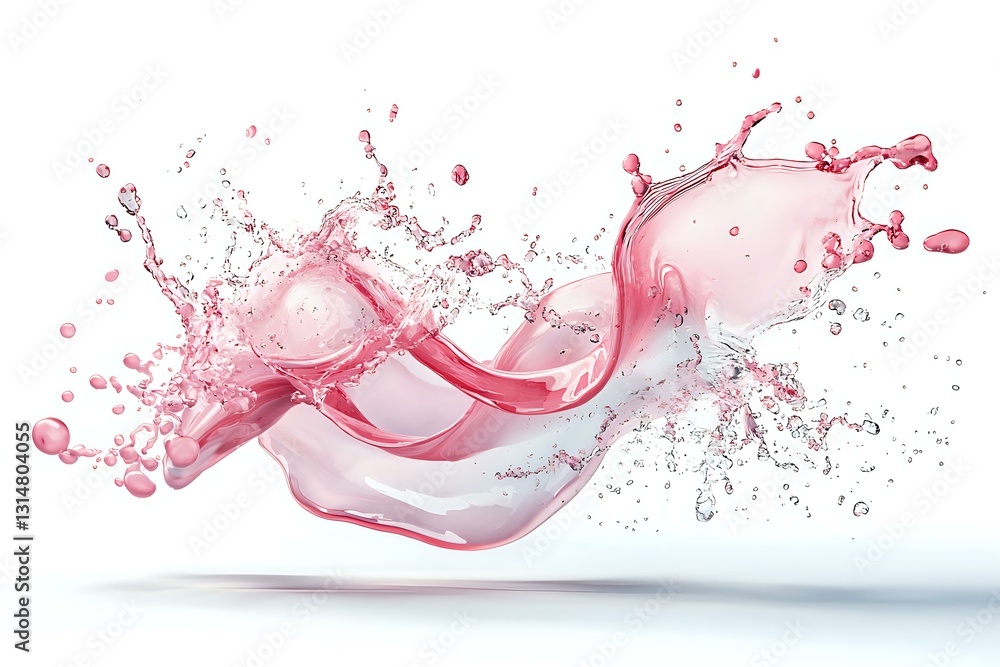Poster dynamic pink liquid splash with water drops creating an elegant wave motion against white background