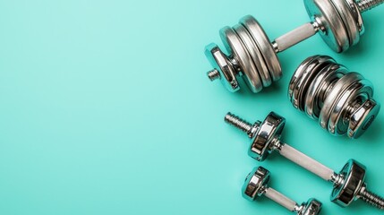 Silver dumbbells on teal background; fitness, health, workout
