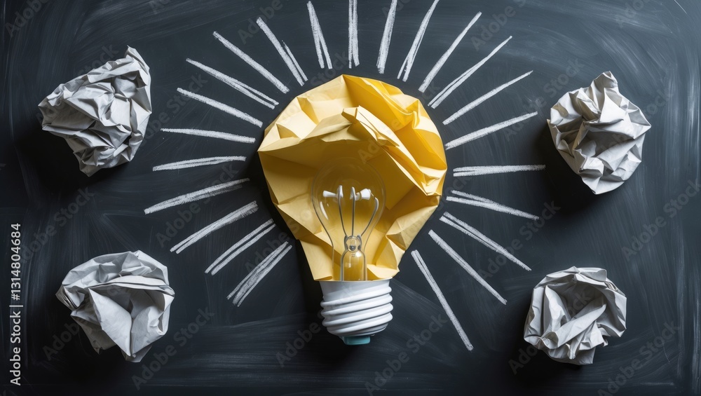 Poster crumpled paper representing various solutions, with one emphasized as a light bulb symbolizing the c