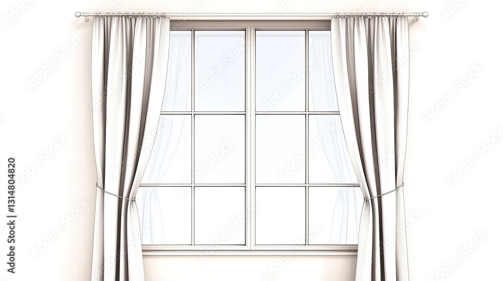 Poster beige curtains with subtle stripes framing a large window with multiple panes. the curtains are neat