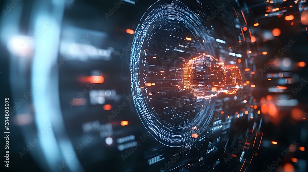 Poster futuristic digital tunnel with glowing orange particles and holographic circles creating dynamic mot
