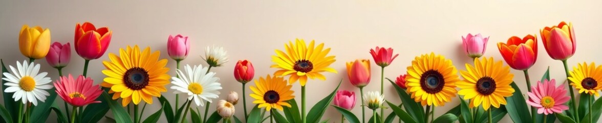 Background with a variety of blooming daisies, sunflowers, and tulips in full bloom, season, spring, border