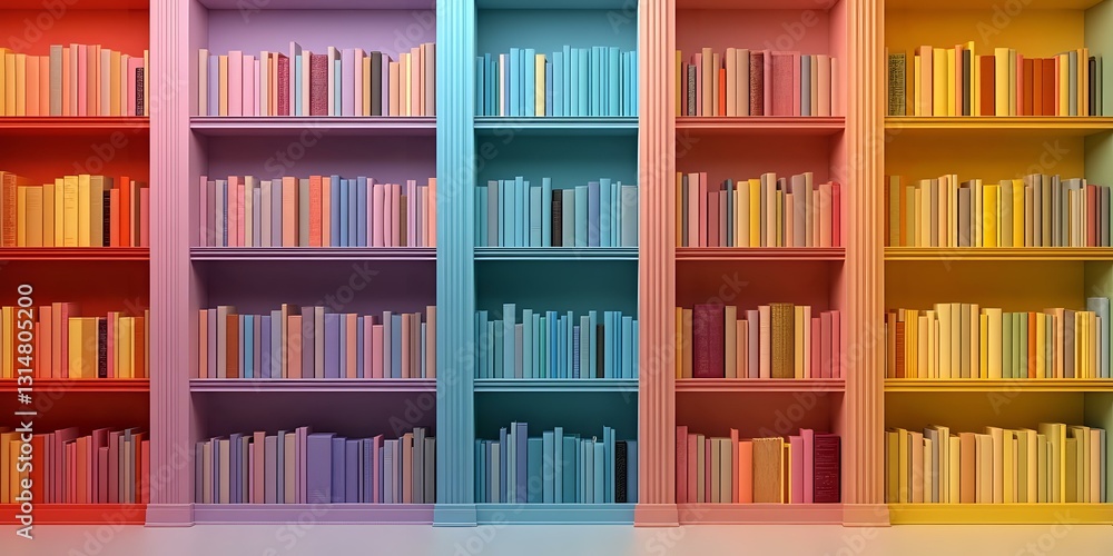 Poster colorful rainbow bookshelf sections with books arranged by color from red to yellow, creating an aes