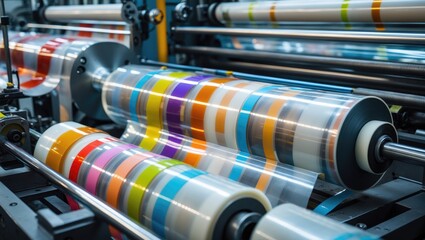 Rotary die cutting machine featuring a slitting blade system. Manufacturing of duct tape. Production of packing tape. Advanced machine for packaging lines in factories, industrial and technology co...