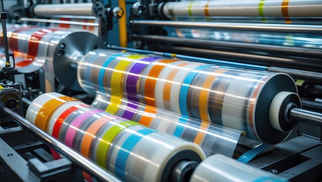 Rotary die cutting machine featuring a slitting blade system. Manufacturing of duct tape. Production of packing tape. Advanced machine for packaging lines in factories, industrial and technology co...