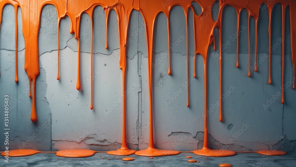 Poster orange paint drips create a textured effect cascading down the wall. background featuring creativity