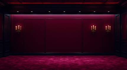 Obraz premium Red Room: A sophisticated interior, draped in luxurious deep red, sets the stage for mystery, evoking a sense of opulent anticipation, with candelabras casting a warm, inviting glow. 