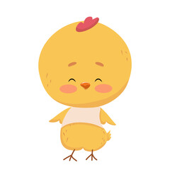 Yellow fluffy chicken with red scallop squinted eyes. Easter vector character in white T-shirt. Cute print for spring holiday, Easter, Mother's Day, birthday