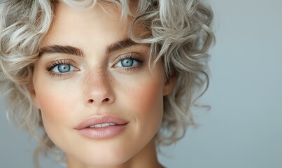 Young Caucasian woman with platinum blonde curly hair, bright blue eyes, natural makeup and glowing skin against light background. Professional beauty portrait.