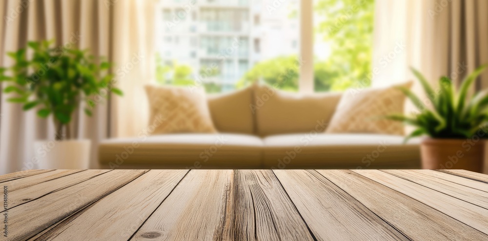 Poster a rustic wooden table in front of a blurred cozy living room with soft natural light, creating a war