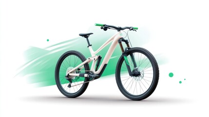 Beige mountain bike with green accents, studio shot on white background with abstract green paint strokes.