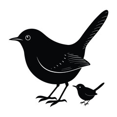 Wren Standing with a Tiny Body and Slightly Curved Tail Silhouette