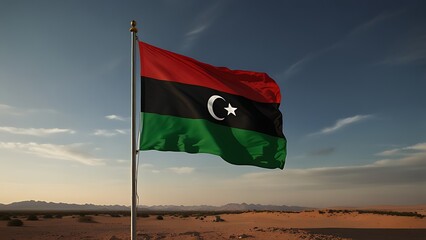 libya flag against blue sky, libya Flag, red and green flag, libyan, waving flag background