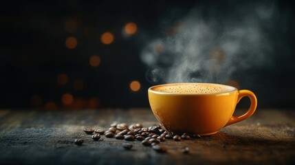 Obraz premium Aromatic coffee in a yellow cup