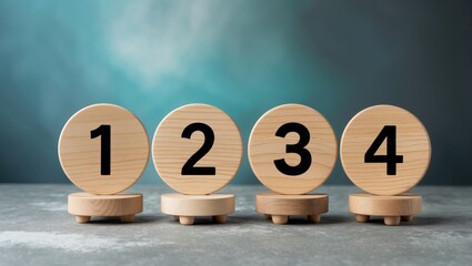 One, two, three, and four, sequential process, guidance, and procedure concept, displayed with round wooden plates.