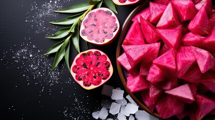 Fototapeta premium Pieces of dragon fruit cut with top view copy space