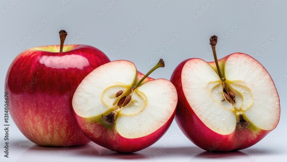 Poster red apple, with half and slice isolated on a white background, featuring a clipping path, full depth