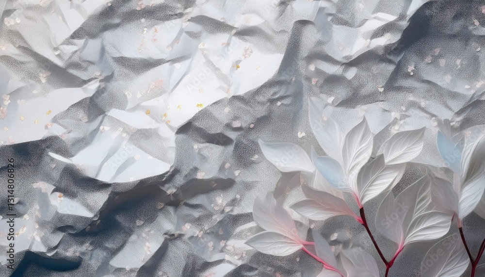 Poster textured gray background with delicate white leaves creating an artistic composition in a natural se