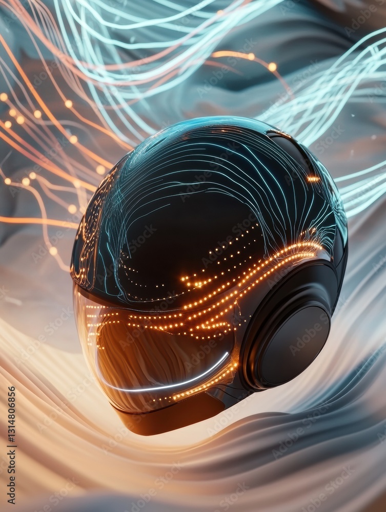 Poster smart neurostimulation helmet for hair growth surrounded by animated signals and abstract designs wi