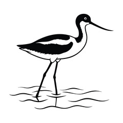 Avocet Wading Through Shallow Water with Curved Beak Silhouette