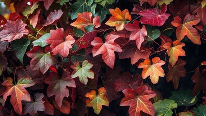 Parthenocissus tricuspidata in autumn, grape ivy, a deciduous woody vine that clings to walls with branched tendrils featuring sticky disks, and its three lobed leaves changing to orange-red in aut...