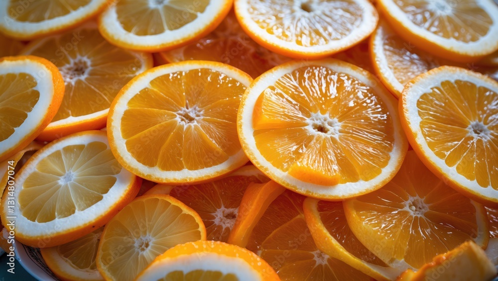 Poster oranges sliced and arranged on the table as a food backdrop.