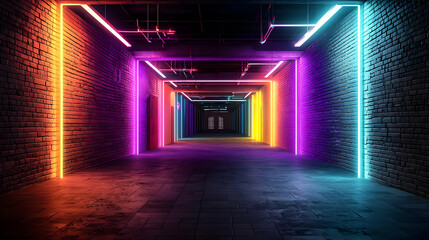 Vibrant Neon Tunnel With Colorful Glowing Lights And Dark Concrete Floor In A Futuristic Urban Setting With Brick Walls