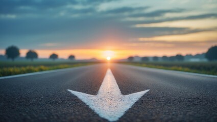 An asphalt road extends into the horizon featuring a painted white arrow, representing motivation, progress, and the idea of continuous growth and forward movement.