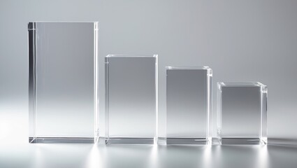 Acrylic blocks consisting of 4 solid clear Perspex plinths. Rectangular oblong acrylic plinths suitable for product photography props or retail displays. Transparent acrylic pedestal clipping paths...