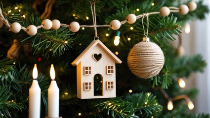 A beautifully adorned Christmas tree showcases wooden house ornaments and soft lights. The scene evokes a cozy holiday atmosphere, ideal for gatherings and celebrations.
