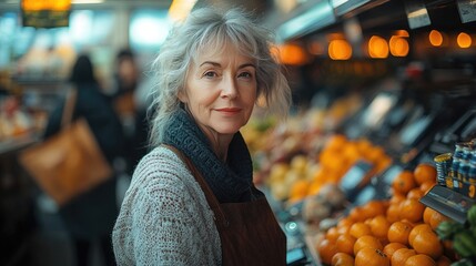 A cashier with curly brown hair smiles while ringing up items at the register in a grocery store.
