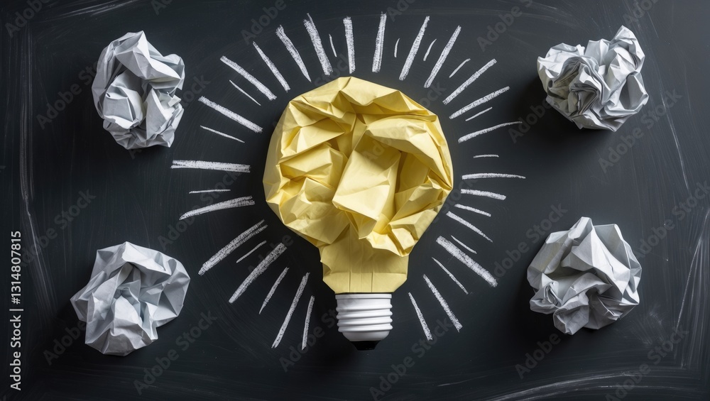 Poster crumpled paper representing various solutions with one highlighted as a light bulb as the correct ch