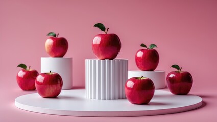 Red apples arranged on a pink background alongside white cylindrical podiums. Abstract backdrop with minimalist style for brand presentation. Advertising cosmetics featuring ingredients.