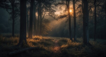 Obraz premium Dark forest sunlight in a woodland landscape.