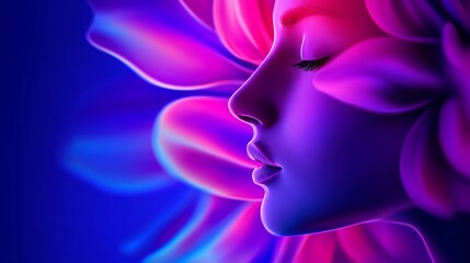 Ethereal portrait of a woman surrounded by vibrant, flowing floral elements in a dreamlike background